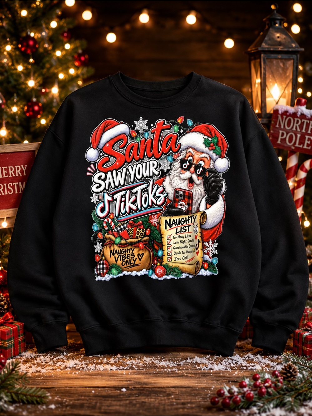 Black 'Santa Saw Your TikToks' Graphic Christmas Sweater UniSex Size-XL